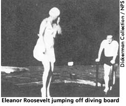[picture: Eleanor Roosevelt jumping off diving board, Val-Kill, 1930s]