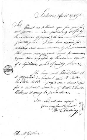 Letter of Thomas Cushing to Rep. Goodhue